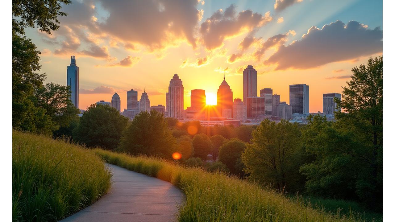 Vibrant Austin skyline at sunrise, reflecting a sense of community and wellness, with lush green spaces in the foreground.