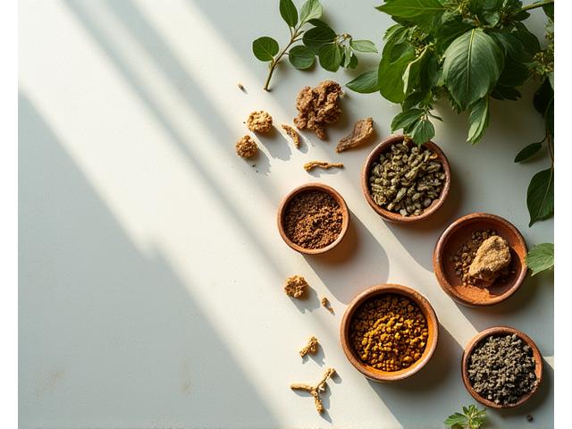 A curated collection of adaptogenic herbs like Ashwagandha root, Rhodiola rosea, and dried Holy Basil leaves artfully arranged in small, individual amber glass jars or ceramic bowls on a smooth, understated surface. Natural light emphasizes their texture.