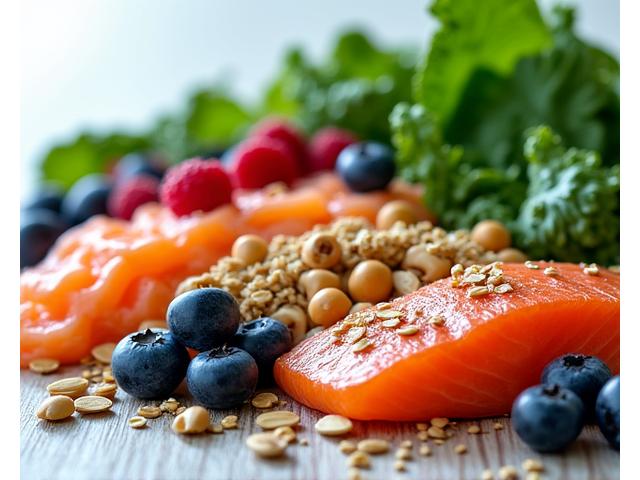 Variety of vibrant, healthy functional foods like leafy greens, colorful berries, whole grains, and lean proteins arranged artfully on a light wooden table.