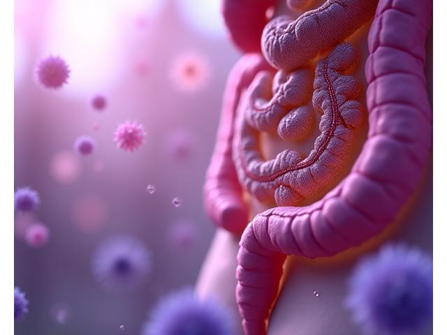 Stylized illustration of the human digestive system with healthy gut flora represented by small, glowing green and purple microbes. The image conveys a sense of delicate balance and internal wellness.