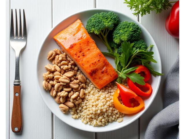A balanced plate featuring various high-protein, whole food sources such as grilled salmon, quinoa, lentils, and a handful of mixed nuts, illustrating a well-rounded meal.
