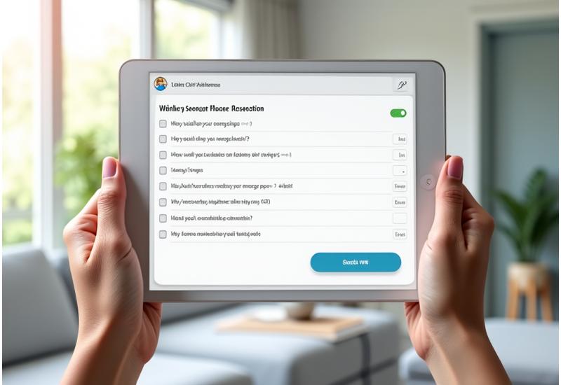 A digitally rendered interface of a user-friendly wellness assessment on a tablet, showing multi-choice questions related to sleep, energy, and nutrition, with a progress bar clearly visible.
