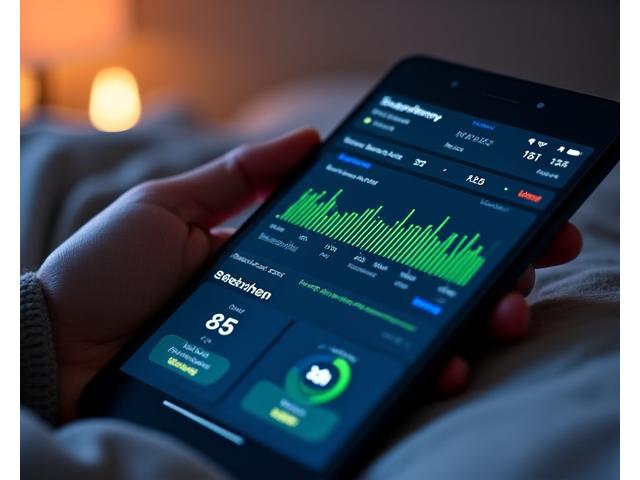 A smartphone display showing a sleep tracking app with a clear, engaging interface. It shows sleep cycles, duration, and quality metrics, set against a calming dark background.